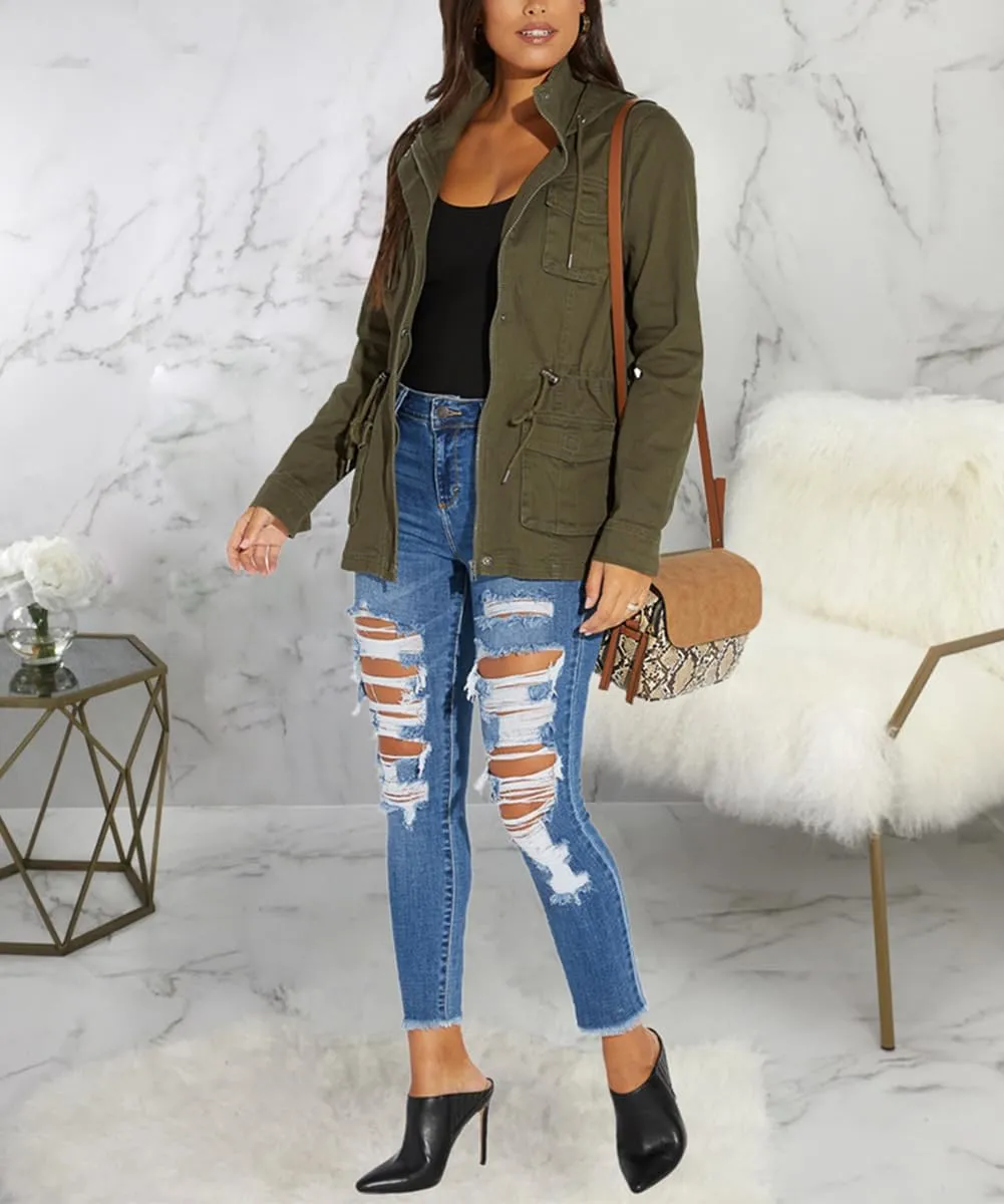 Womens Lightweight Cargo Hooded Army Fatigue Jacket Military Anorak Outwear Utility Jackets Coat