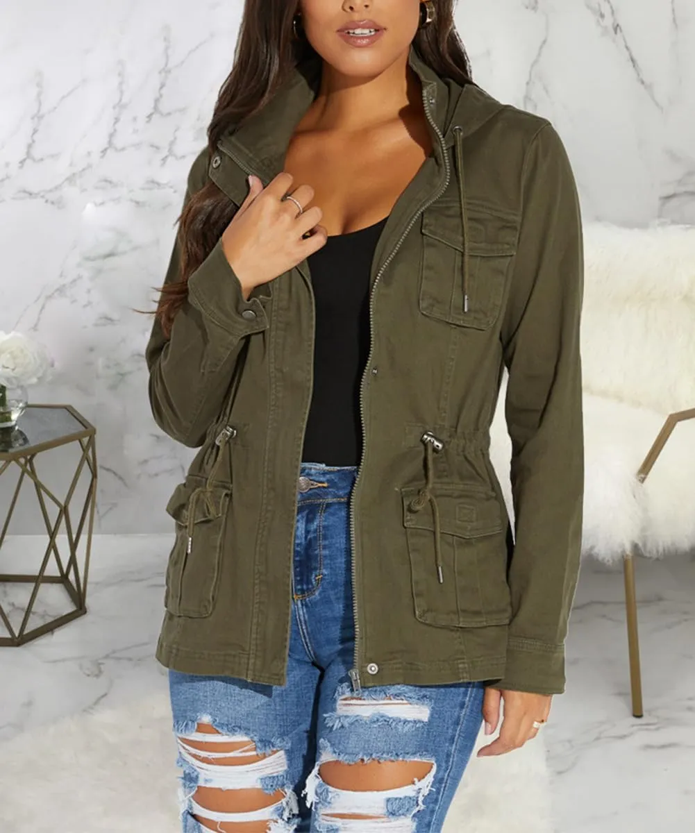 Womens Lightweight Cargo Hooded Army Fatigue Jacket Military Anorak Outwear Utility Jackets Coat