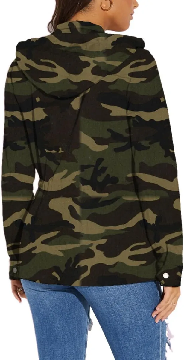Womens Lightweight Cargo Hooded Army Fatigue Jacket Military Anorak Outwear Utility Jackets Coat