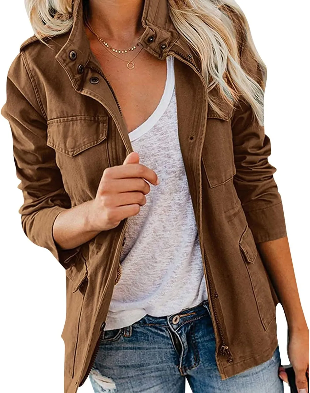 Womens Lightweight Cargo Jacket Fall Winter Military Utility Jacket Anorak Outwear Lightweight Utility Jackets Outwear