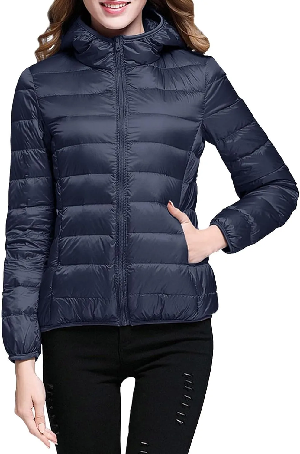 Women's Lightweight Hooded Down Jacket Packable Puffer Coats,Puffer Jacket Hooded Windproof Winter Coat