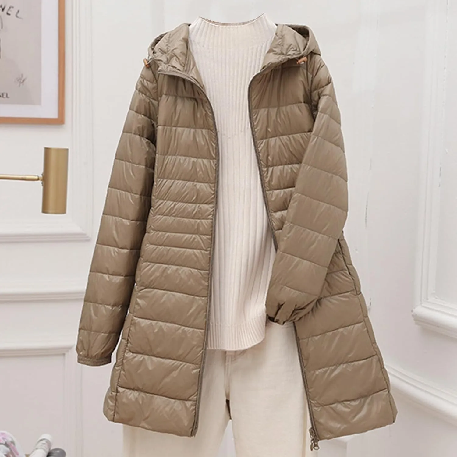 Womens Lightweight Long Puffer Jacket Winter Warm Packable Down Coat Oversized Zip Up Long Sleeve Outerwear with Hood