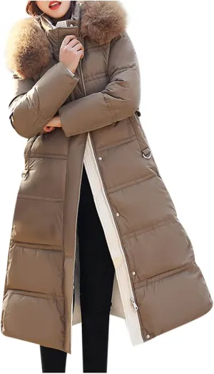 Womens Long down Jacket with Fur Hood Quilted Thickened Maxi down Parka Puffer Coat Winter Warm Windbreaker Outerwear