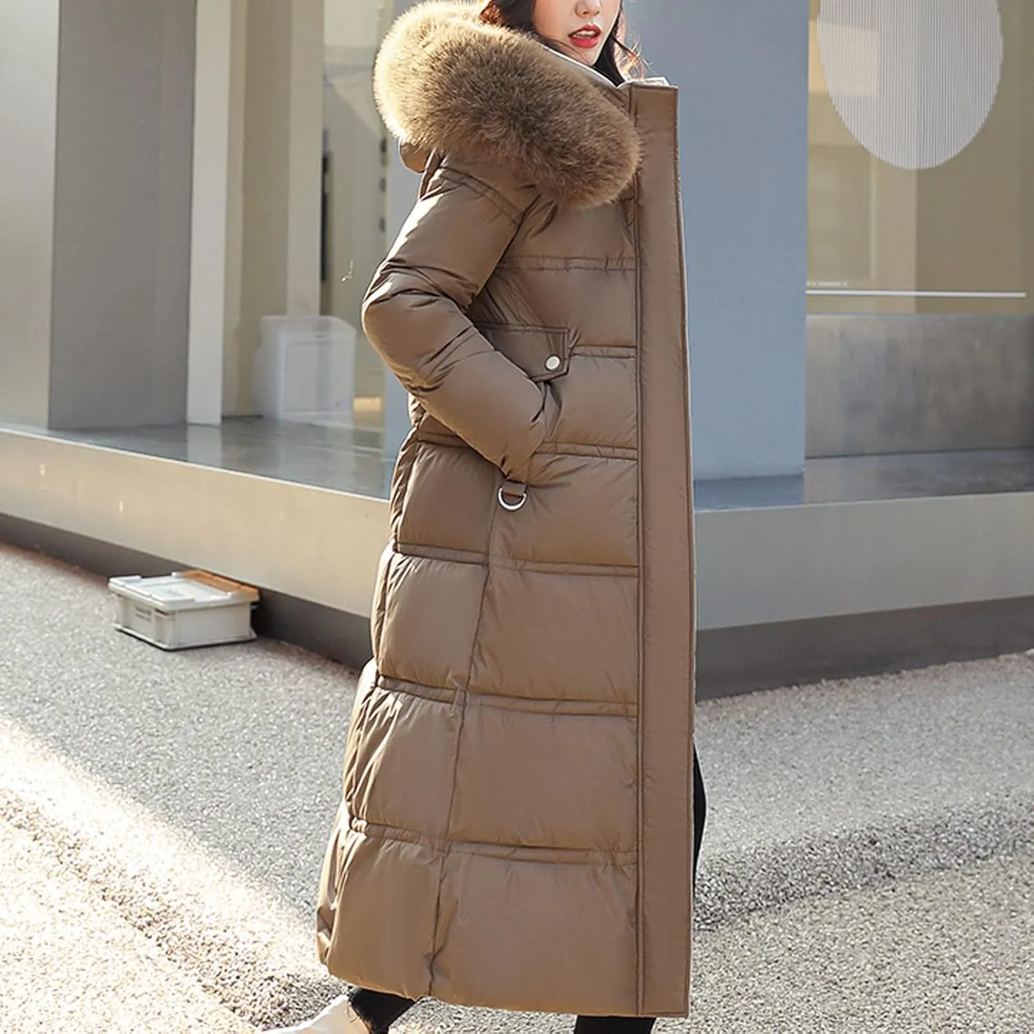 Womens Long down Jacket with Fur Hood Quilted Thickened Maxi down Parka Puffer Coat Winter Warm Windbreaker Outerwear