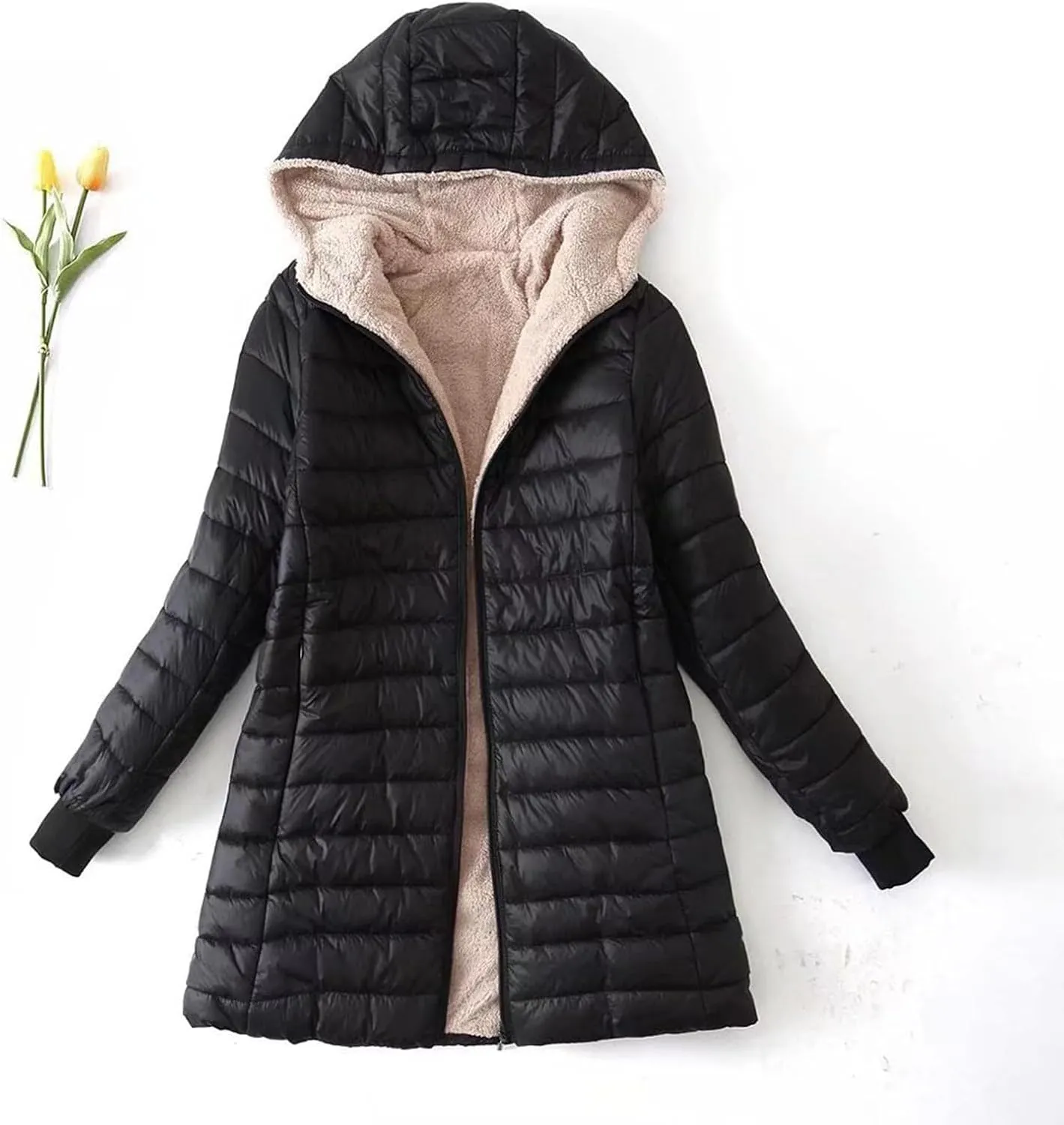 Women's Long Puffer Jacket Oversized Down Coat Lightweight Quilted Hooded Jacket Warm Fleece Lined Winter Outerwear