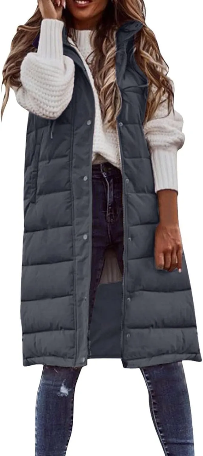 Womens Long Puffer Vest Sleeveless Quilted Hooded Down Coat Lightweight Oversized Jackets Fall Winter Warm Outerwear