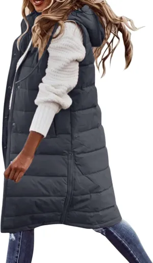 Womens Long Puffer Vest Sleeveless Quilted Hooded Down Coat Lightweight Oversized Jackets Fall Winter Warm Outerwear