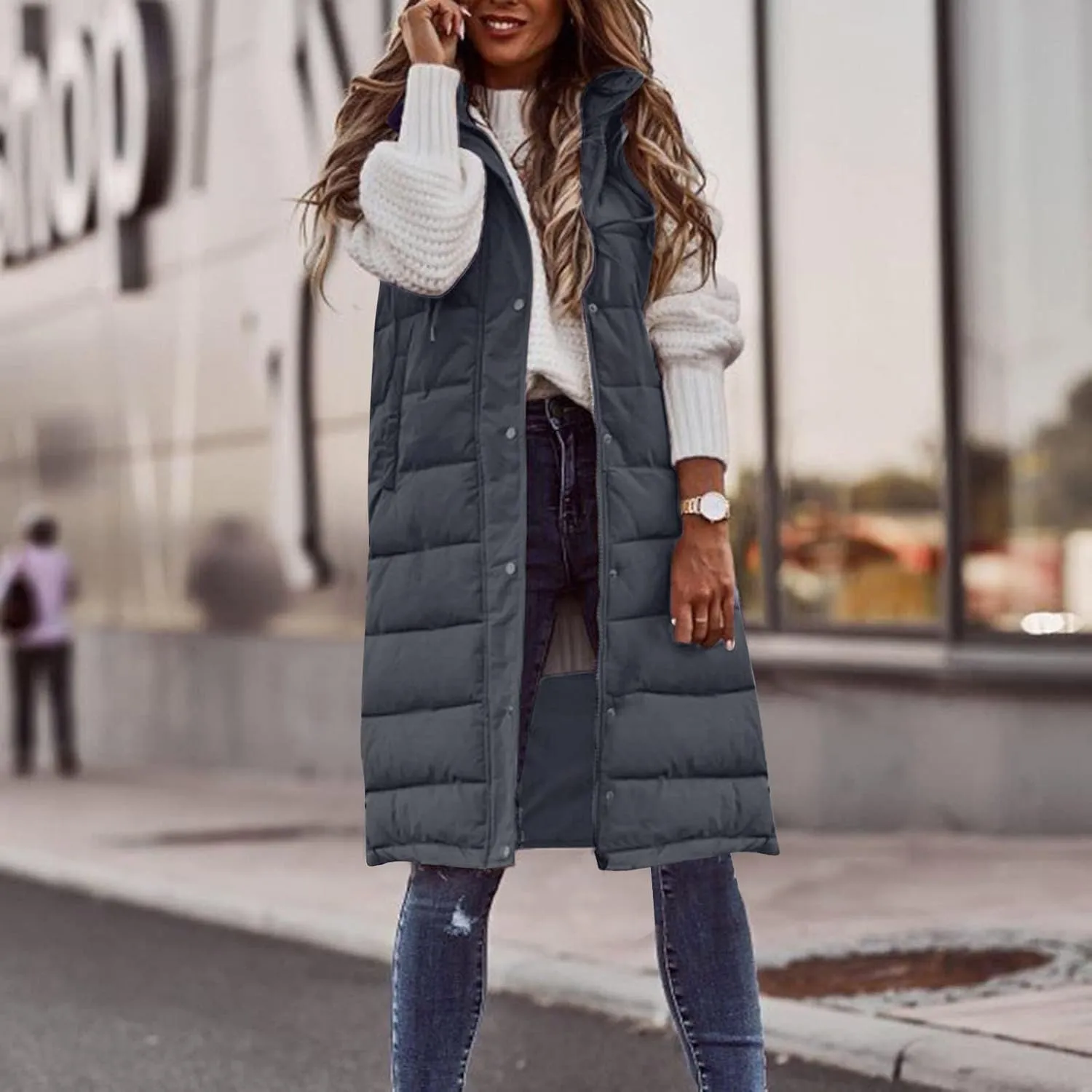 Womens Long Puffer Vest Sleeveless Quilted Hooded Down Coat Lightweight Oversized Jackets Fall Winter Warm Outerwear