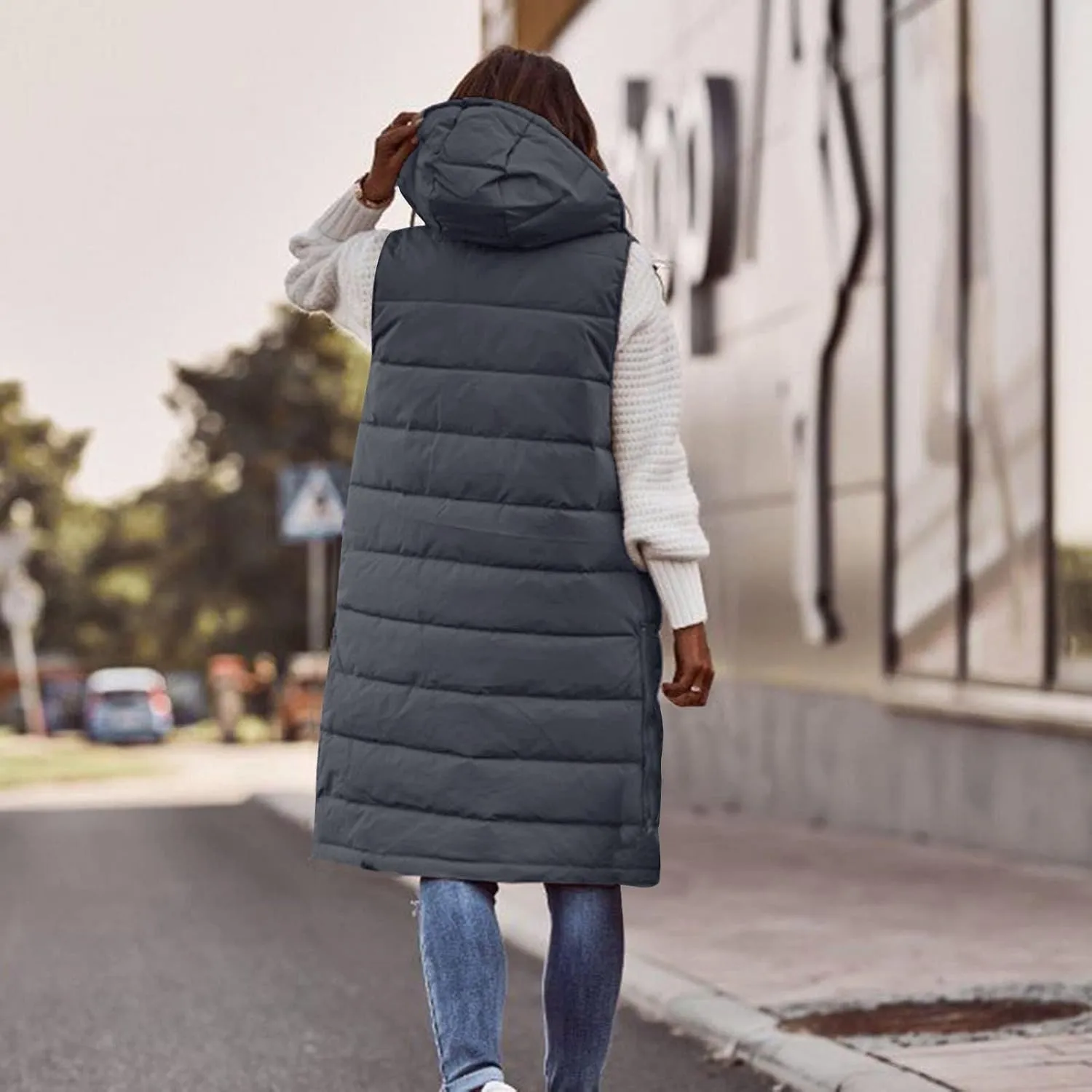 Womens Long Puffer Vest Sleeveless Quilted Hooded Down Coat Lightweight Oversized Jackets Fall Winter Warm Outerwear