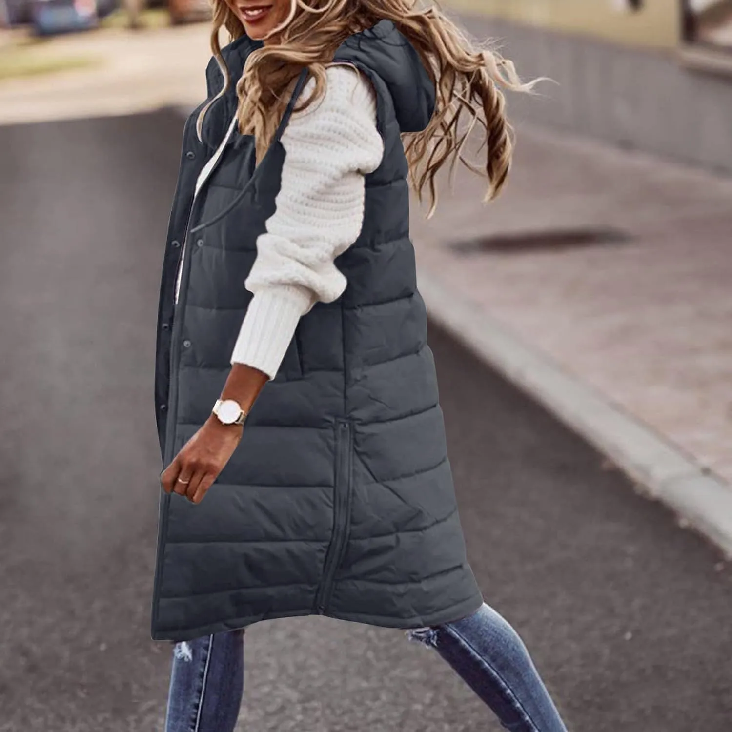 Womens Long Puffer Vest Sleeveless Quilted Hooded Down Coat Lightweight Oversized Jackets Fall Winter Warm Outerwear