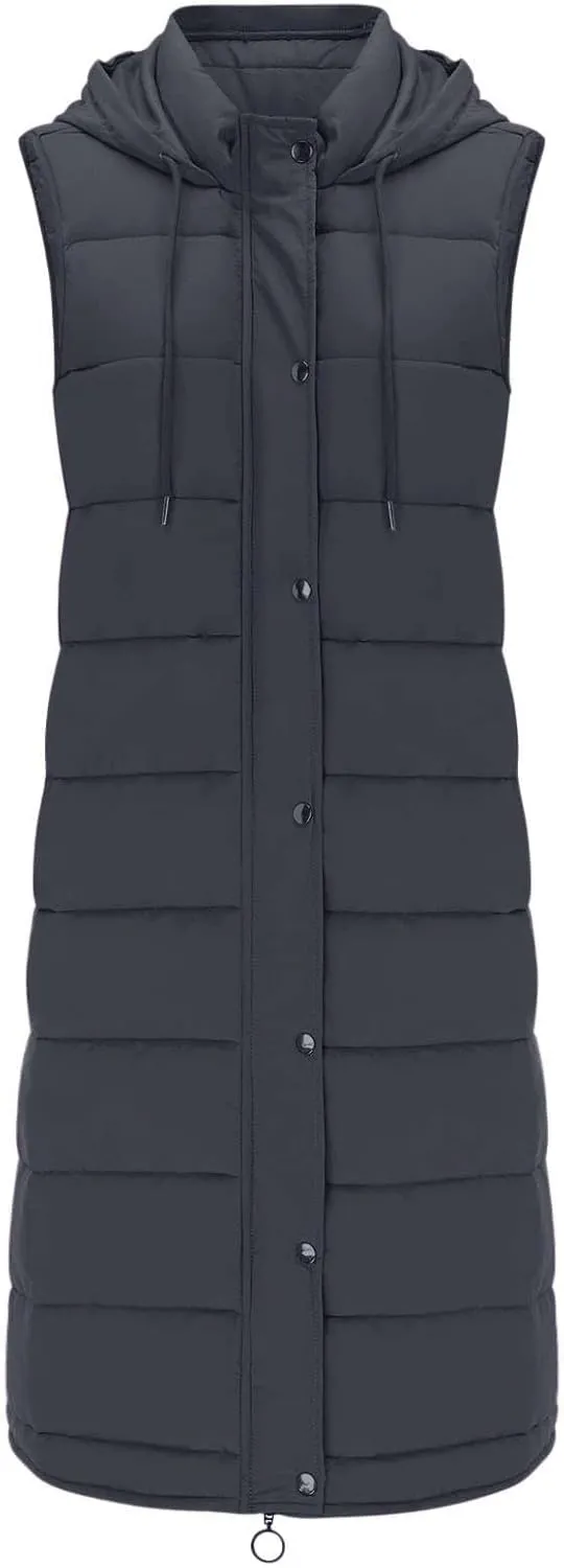Womens Long Puffer Vest Sleeveless Quilted Hooded Down Coat Lightweight Oversized Jackets Fall Winter Warm Outerwear