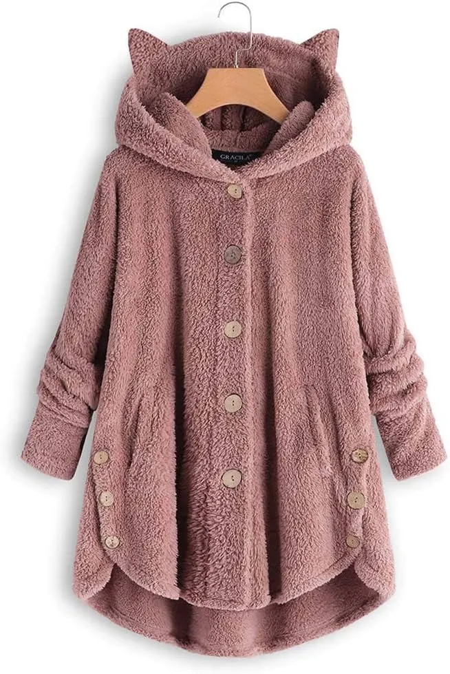 Women's Long Sleeve Hoodies Coat Cat Ear Cap Plush Tops Casual Loose Plus Size Button Stitching Pullover Sweaters