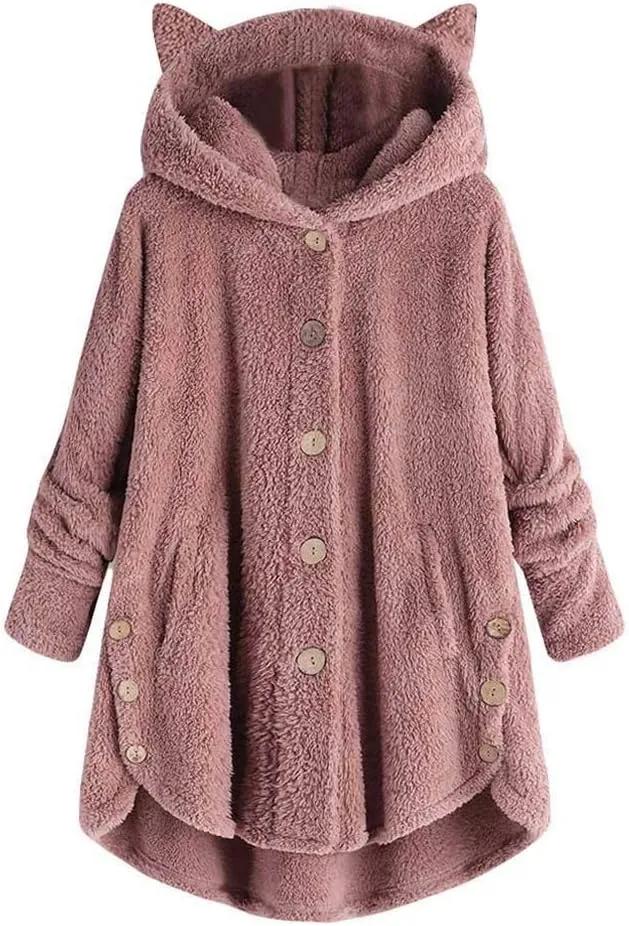 Women's Long Sleeve Hoodies Coat Cat Ear Cap Plush Tops Casual Loose Plus Size Button Stitching Pullover Sweaters