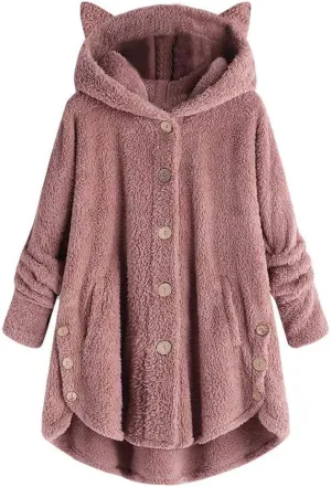 Women's Long Sleeve Hoodies Coat Cat Ear Cap Plush Tops Casual Loose Plus Size Button Stitching Pullover Sweaters
