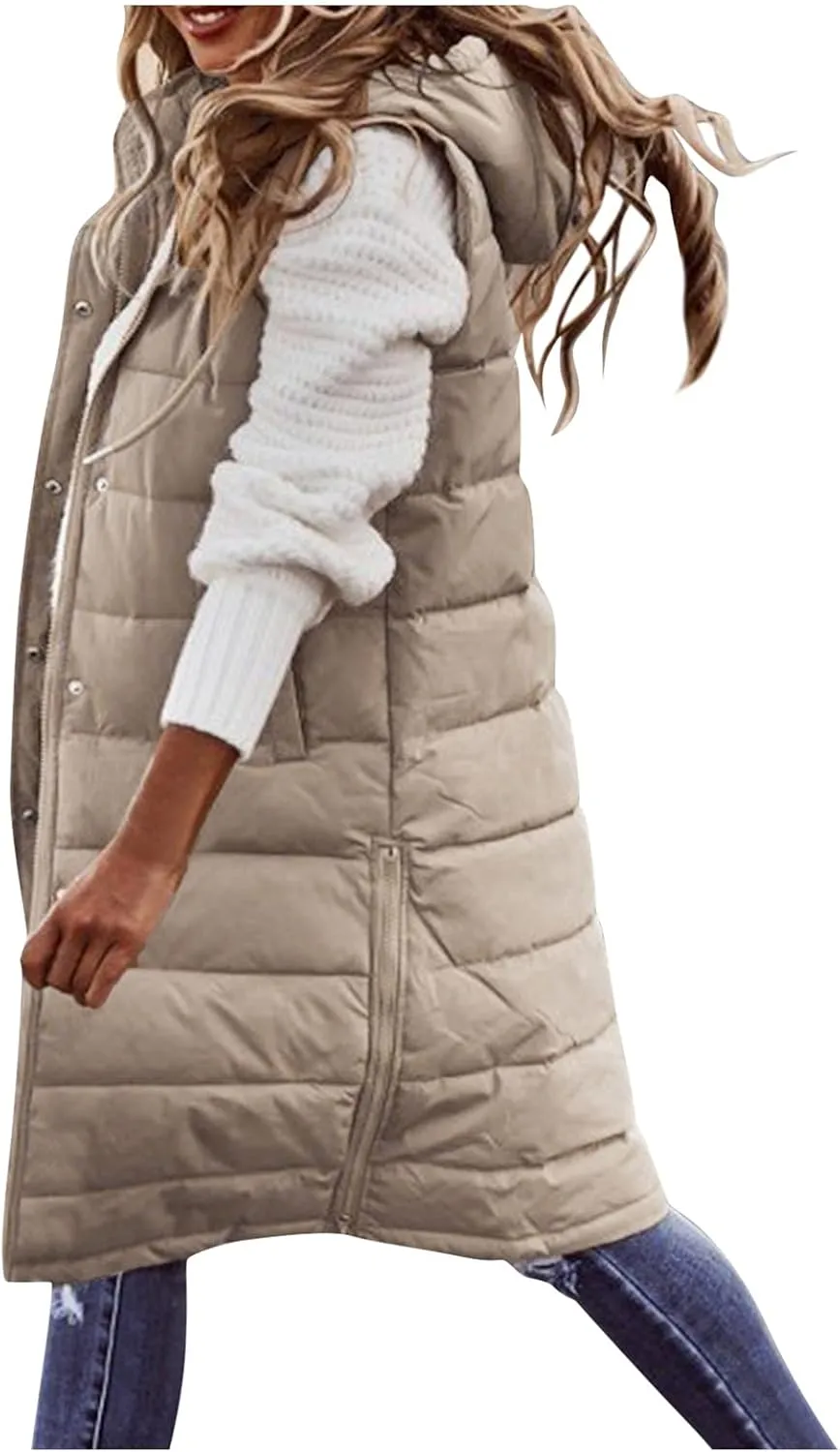 Women'S Long Vest Sleeveless Puffer Jacket Lightweight Hooded Down Outerwear Coat Quilted Vest With Hood Jacket