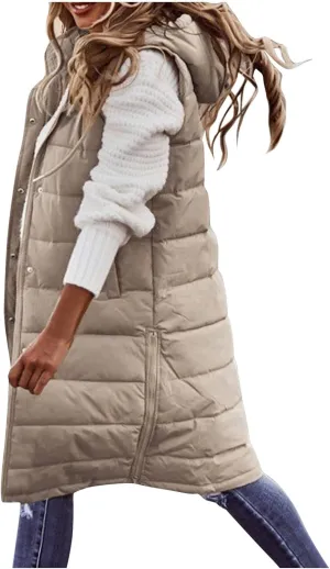 Women'S Long Vest Sleeveless Puffer Jacket Lightweight Hooded Down Outerwear Coat Quilted Vest With Hood Jacket