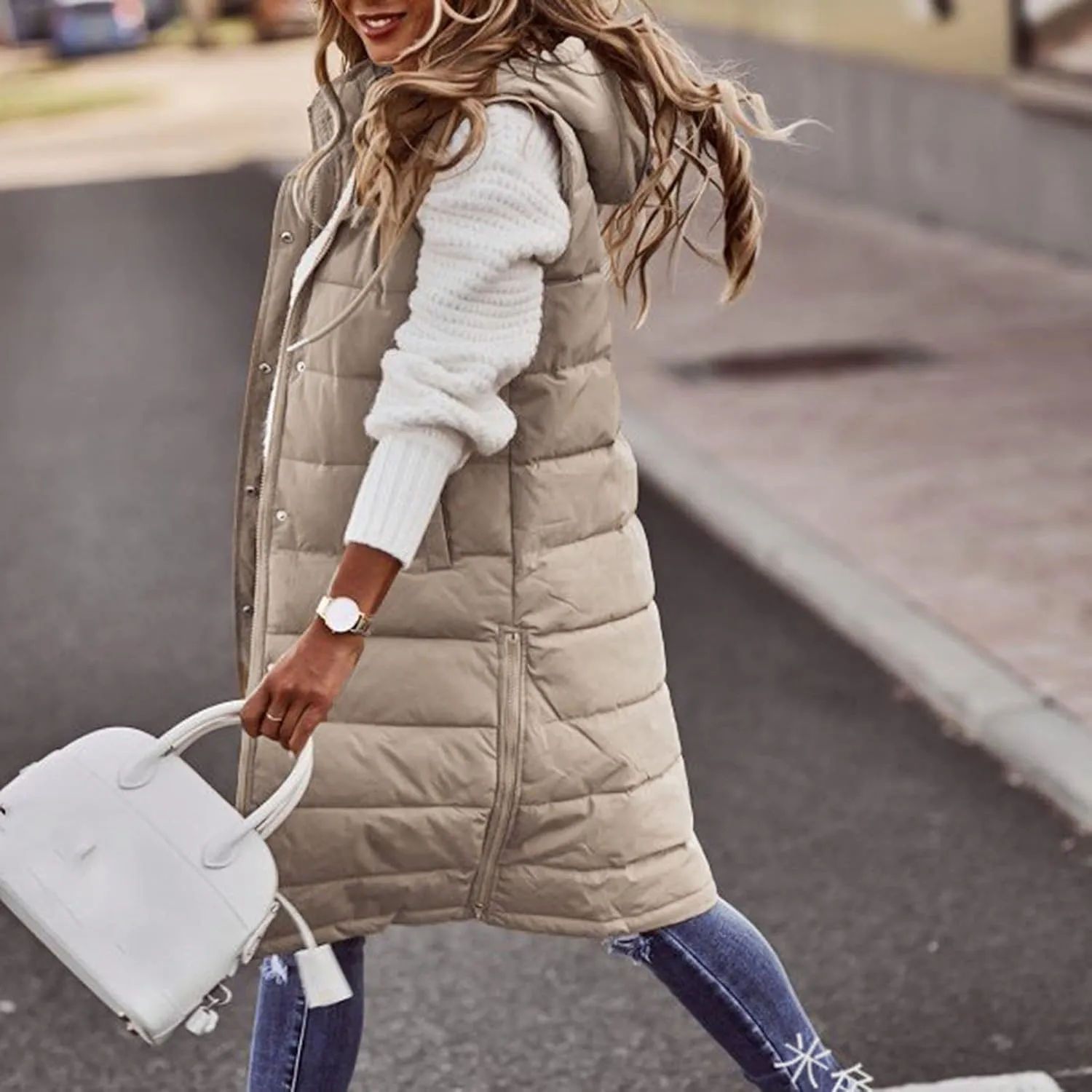 Women'S Long Vest Sleeveless Puffer Jacket Lightweight Hooded Down Outerwear Coat Quilted Vest With Hood Jacket