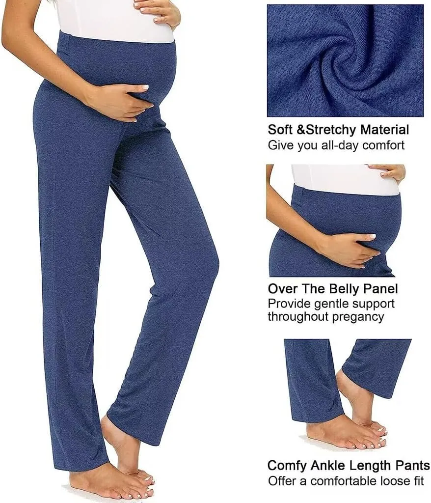 Women's Maternity Pants Over The Belly Comfy Loose Pregnancy Lounge Straight Leg Workout Yoga Pajama Trousers
