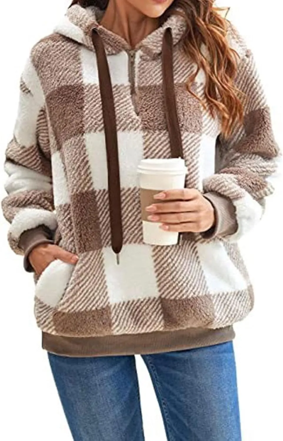 Womens Sherpa Pullover Hoodie Fleece Quarter Zip Sweatshirt Buffalo Plaid Fluffy Coat Outwear
