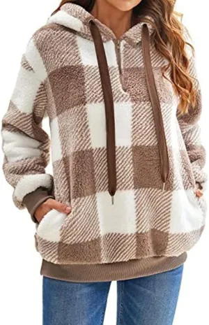 Womens Sherpa Pullover Hoodie Fleece Quarter Zip Sweatshirt Buffalo Plaid Fluffy Coat Outwear