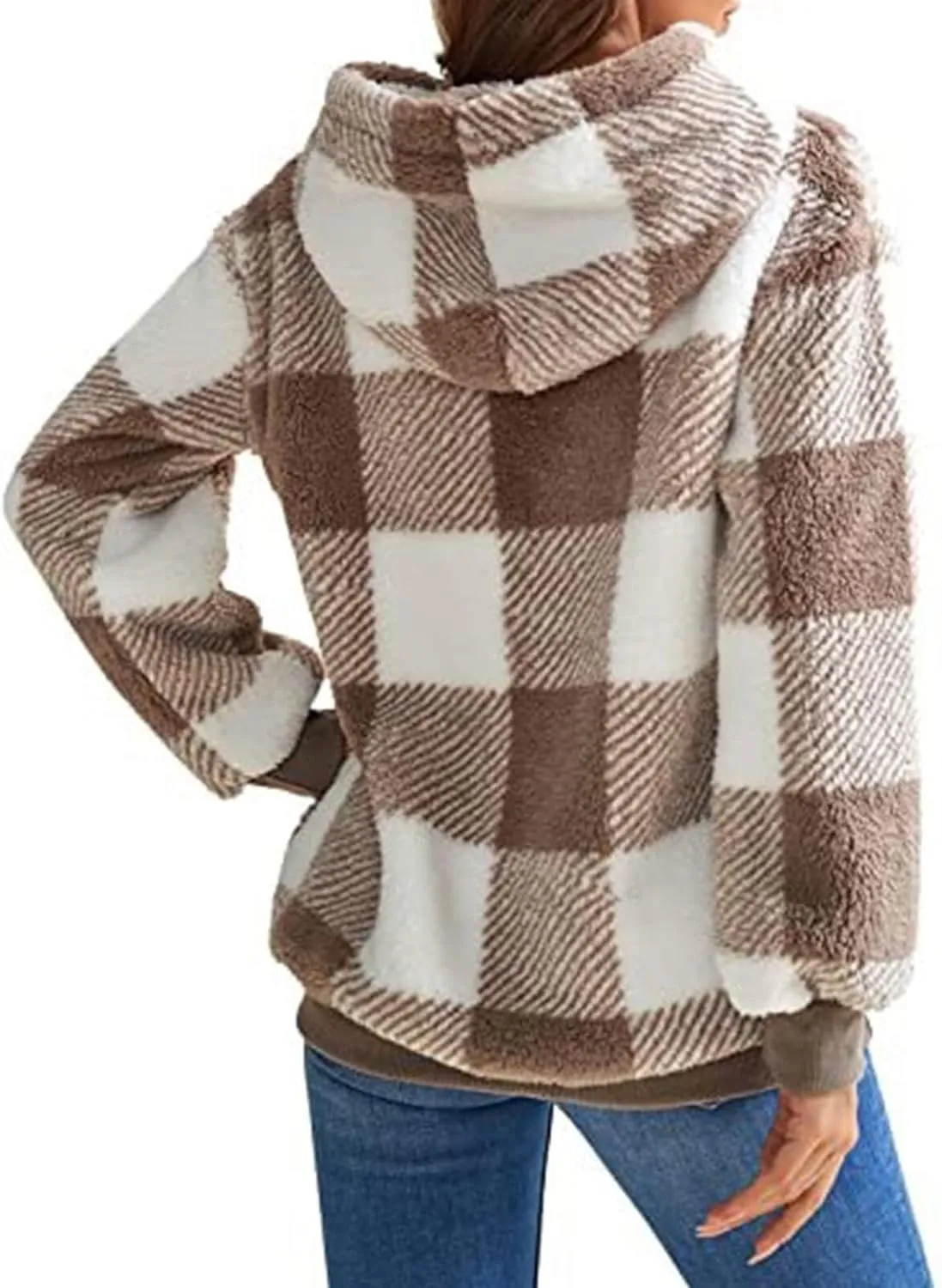 Womens Sherpa Pullover Hoodie Fleece Quarter Zip Sweatshirt Buffalo Plaid Fluffy Coat Outwear