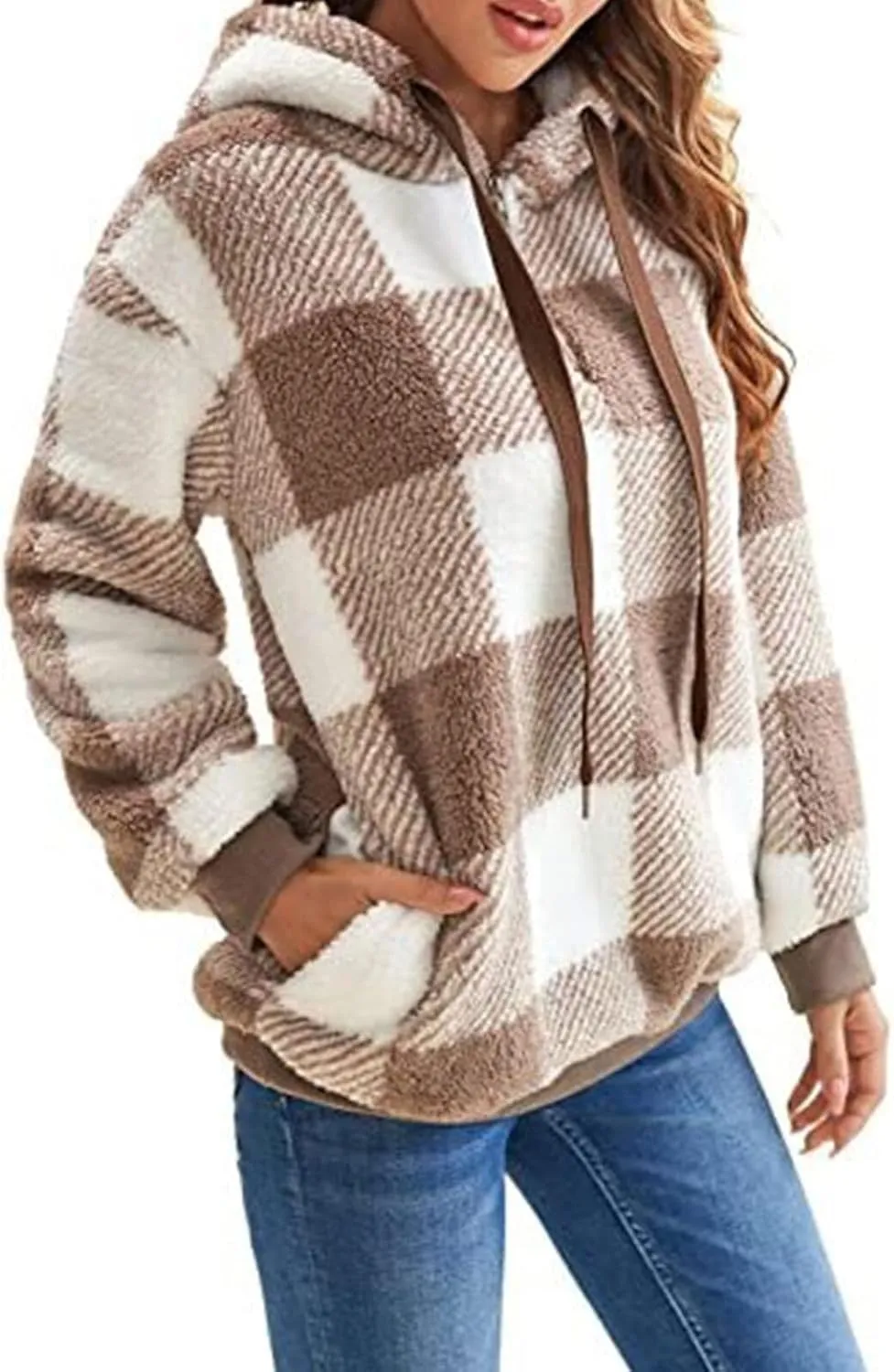 Womens Sherpa Pullover Hoodie Fleece Quarter Zip Sweatshirt Buffalo Plaid Fluffy Coat Outwear