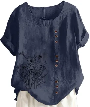 Women's Summer Comfort Linen Round Neck Short Sleeve with Button Flower Print T Shirt Blouses Summer Casual Shirts