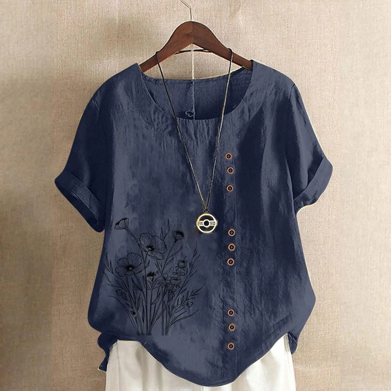 Women's Summer Comfort Linen Round Neck Short Sleeve with Button Flower Print T Shirt Blouses Summer Casual Shirts