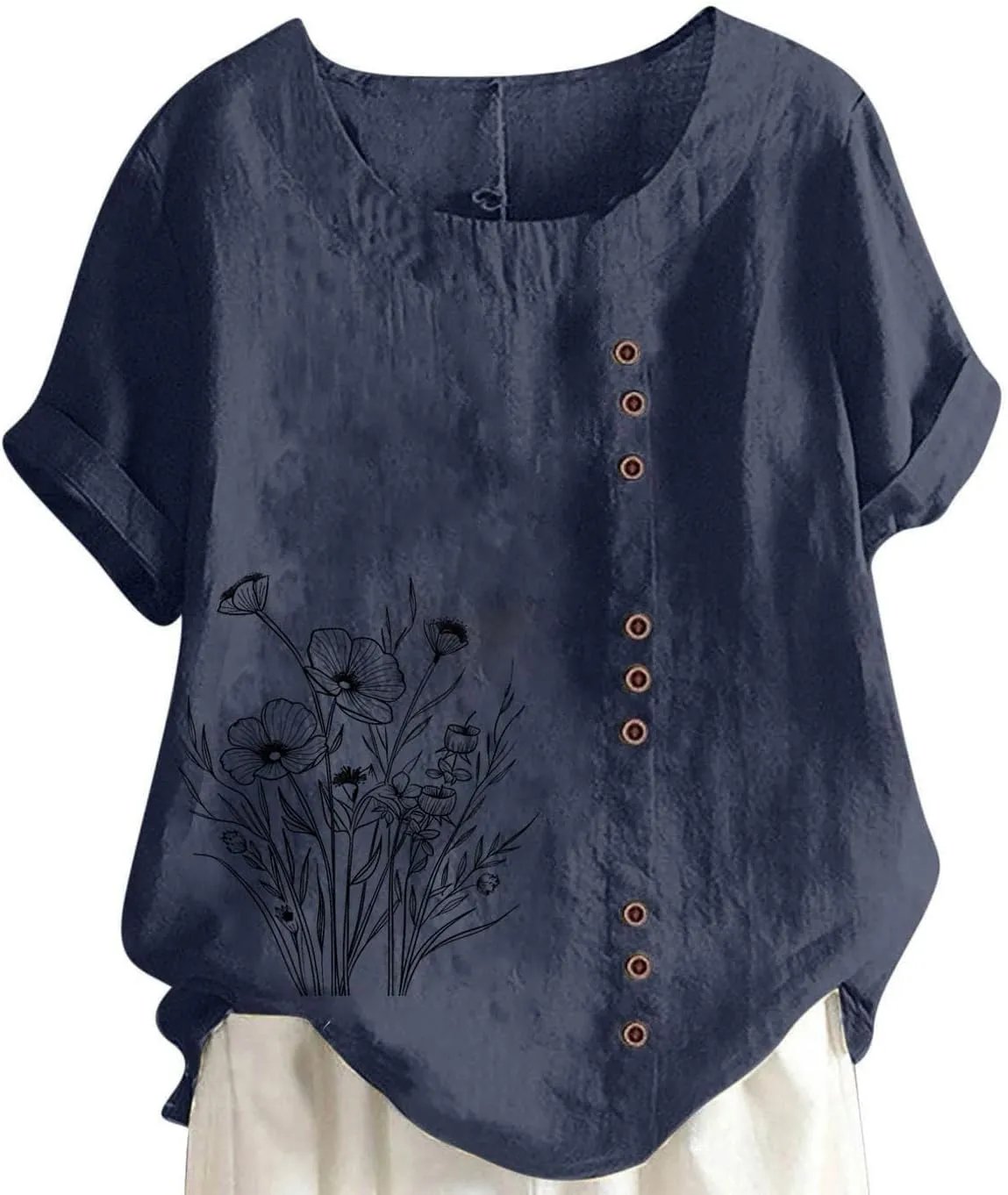 Women's Summer Comfort Linen Round Neck Short Sleeve with Button Flower Print T Shirt Blouses Summer Casual Shirts