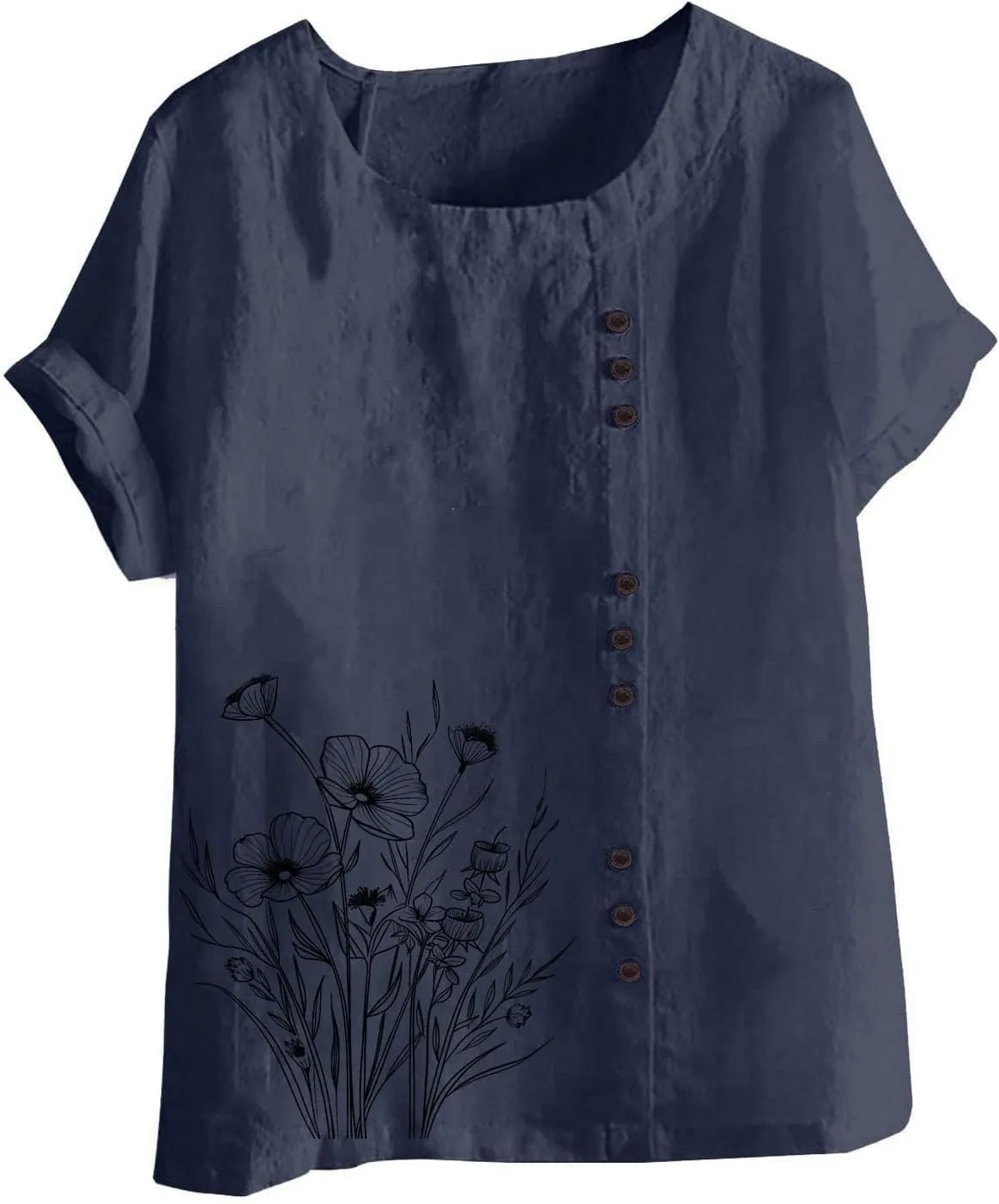 Women's Summer Comfort Linen Round Neck Short Sleeve with Button Flower Print T Shirt Blouses Summer Casual Shirts
