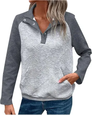 Womens Sweatshirt Long Sleeve V Neck Fashion Fall Pullover Tops Fleece Striped Button Trendy Clothes With Pocket