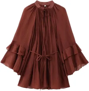 Women's Temperament Bow Tie Lace Up Ruffle Edge Short Solid Color Long Sleeved Slimming Shirts