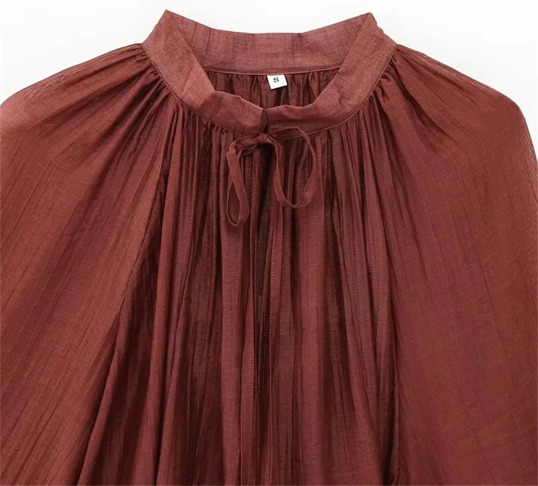 Women's Temperament Bow Tie Lace Up Ruffle Edge Short Solid Color Long Sleeved Slimming Shirts