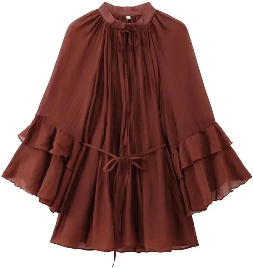 Women's Temperament Bow Tie Lace Up Ruffle Edge Short Solid Color Long Sleeved Slimming Shirts