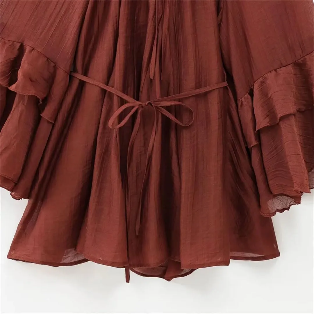Women's Temperament Bow Tie Lace Up Ruffle Edge Short Solid Color Long Sleeved Slimming Shirts