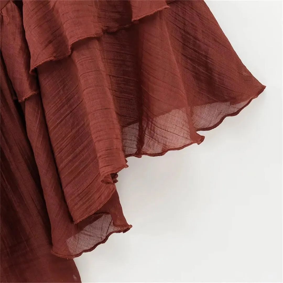 Women's Temperament Bow Tie Lace Up Ruffle Edge Short Solid Color Long Sleeved Slimming Shirts