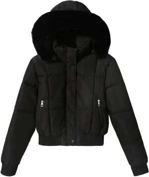 Womens Trendy Winter Jackets Casual Crop Quilted Puffer Coat Light Weight Long Sleeve Button Down Outerwear with Hood