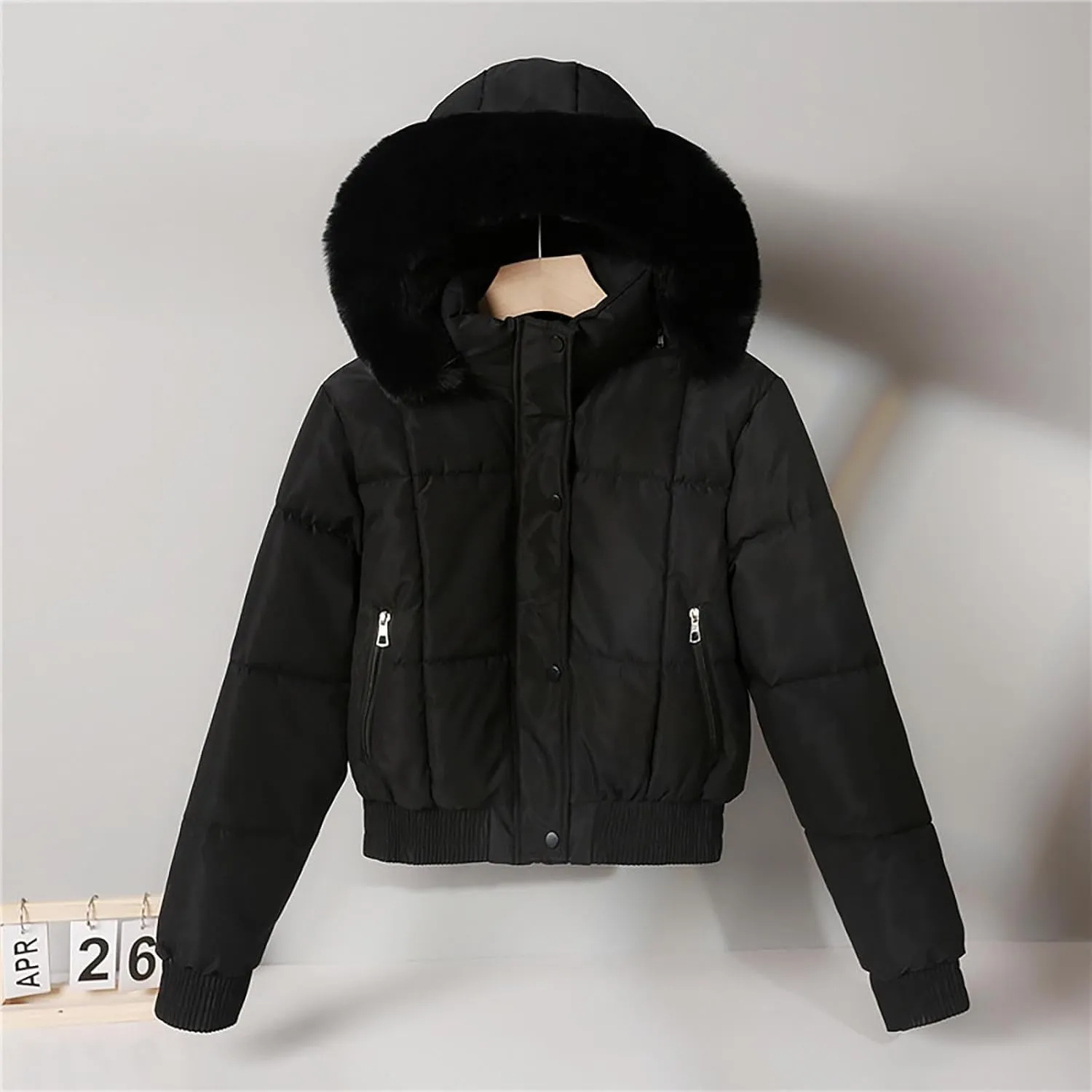 Womens Trendy Winter Jackets Casual Crop Quilted Puffer Coat Light Weight Long Sleeve Button Down Outerwear with Hood