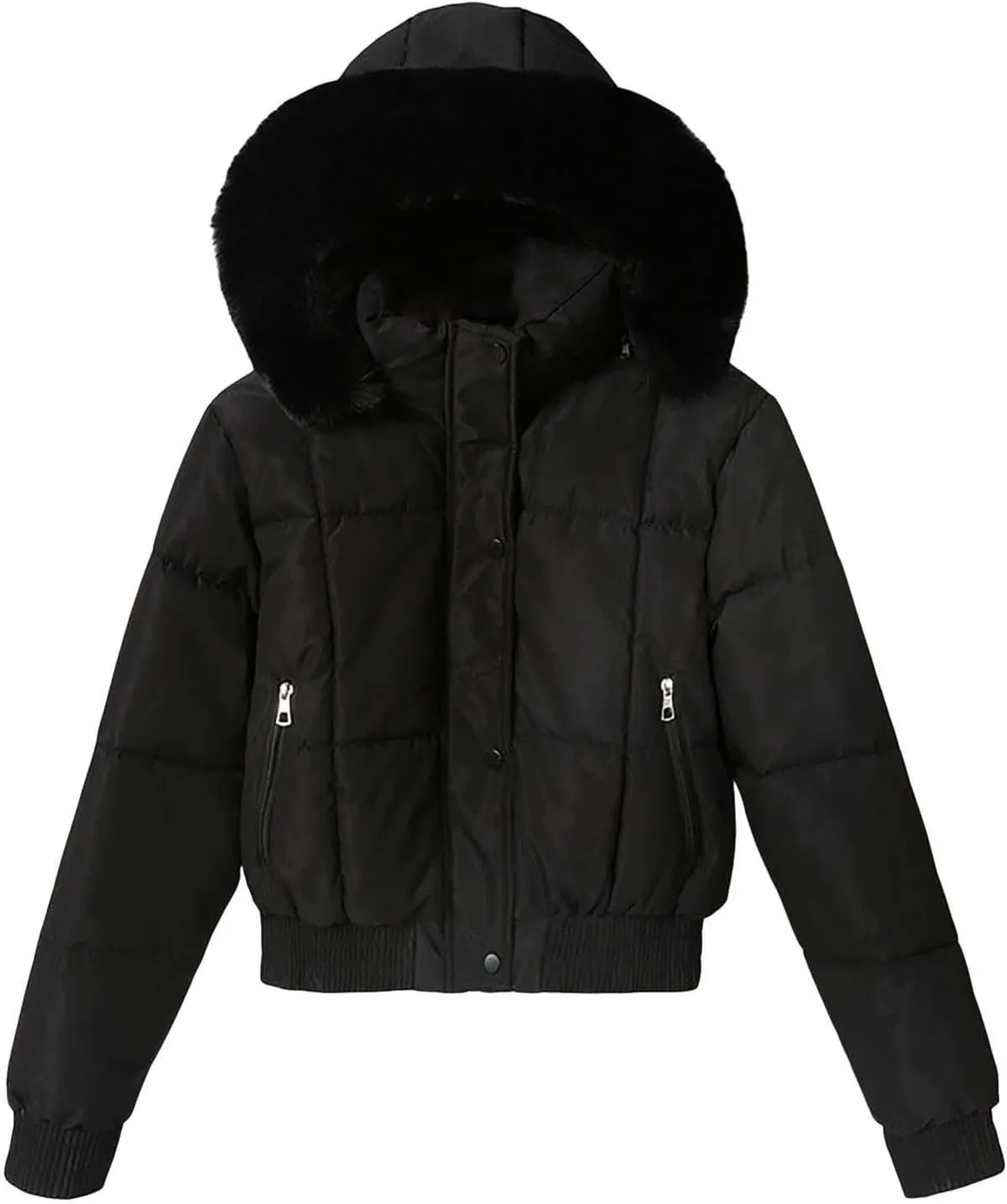 Womens Trendy Winter Jackets Casual Crop Quilted Puffer Coat Light Weight Long Sleeve Button Down Outerwear with Hood