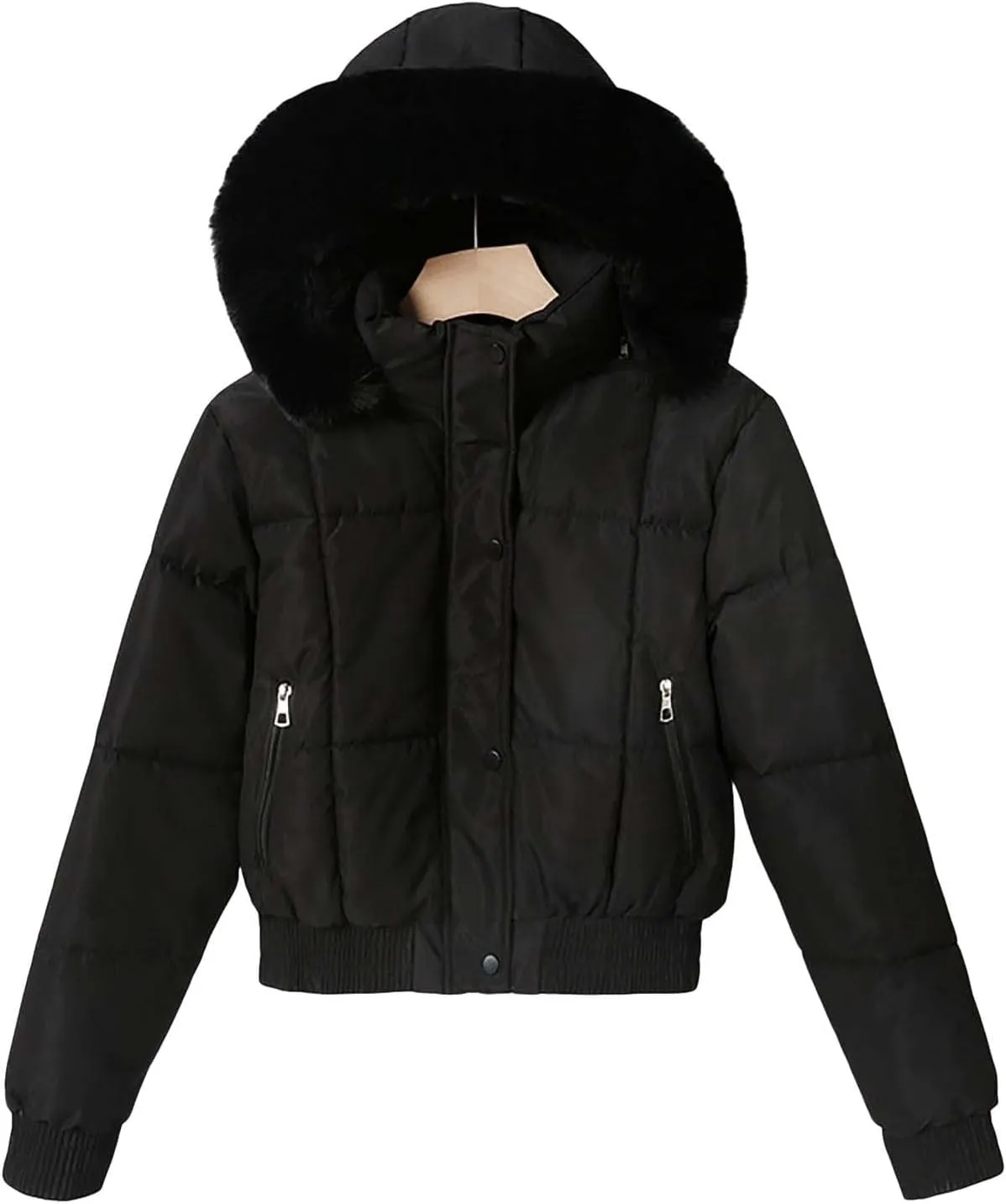 Womens Trendy Winter Jackets Casual Crop Quilted Puffer Coat Light Weight Long Sleeve Button Down Outerwear with Hood