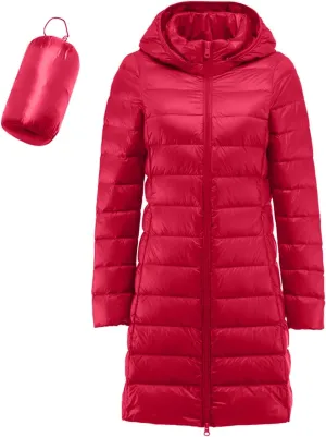 Women's Ultralight Down Jacket Long Packable Hooded Puffer Coat Warm Full-Zip Puffer Jacket for Outdoor