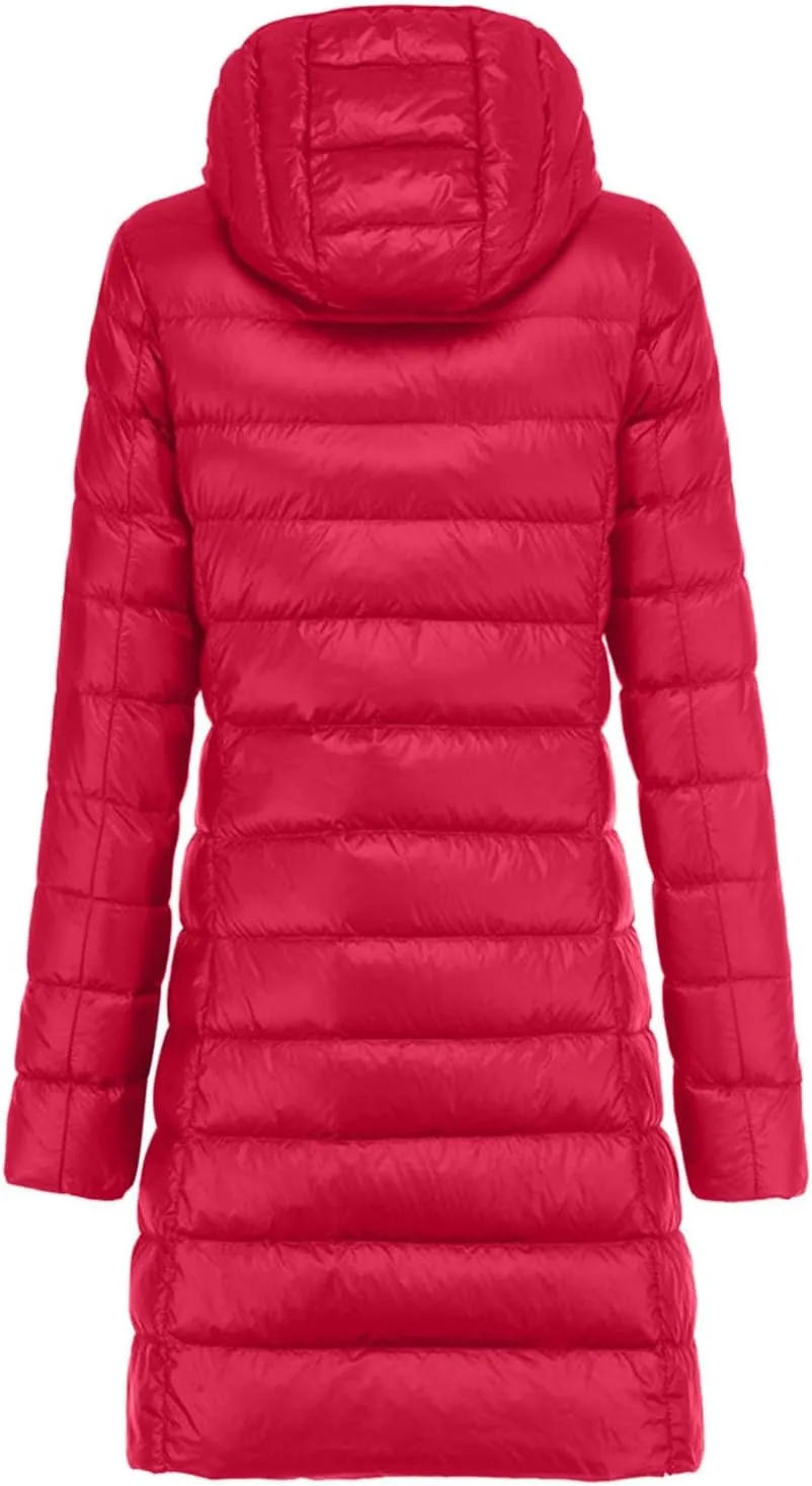 Women's Ultralight Down Jacket Long Packable Hooded Puffer Coat Warm Full-Zip Puffer Jacket for Outdoor