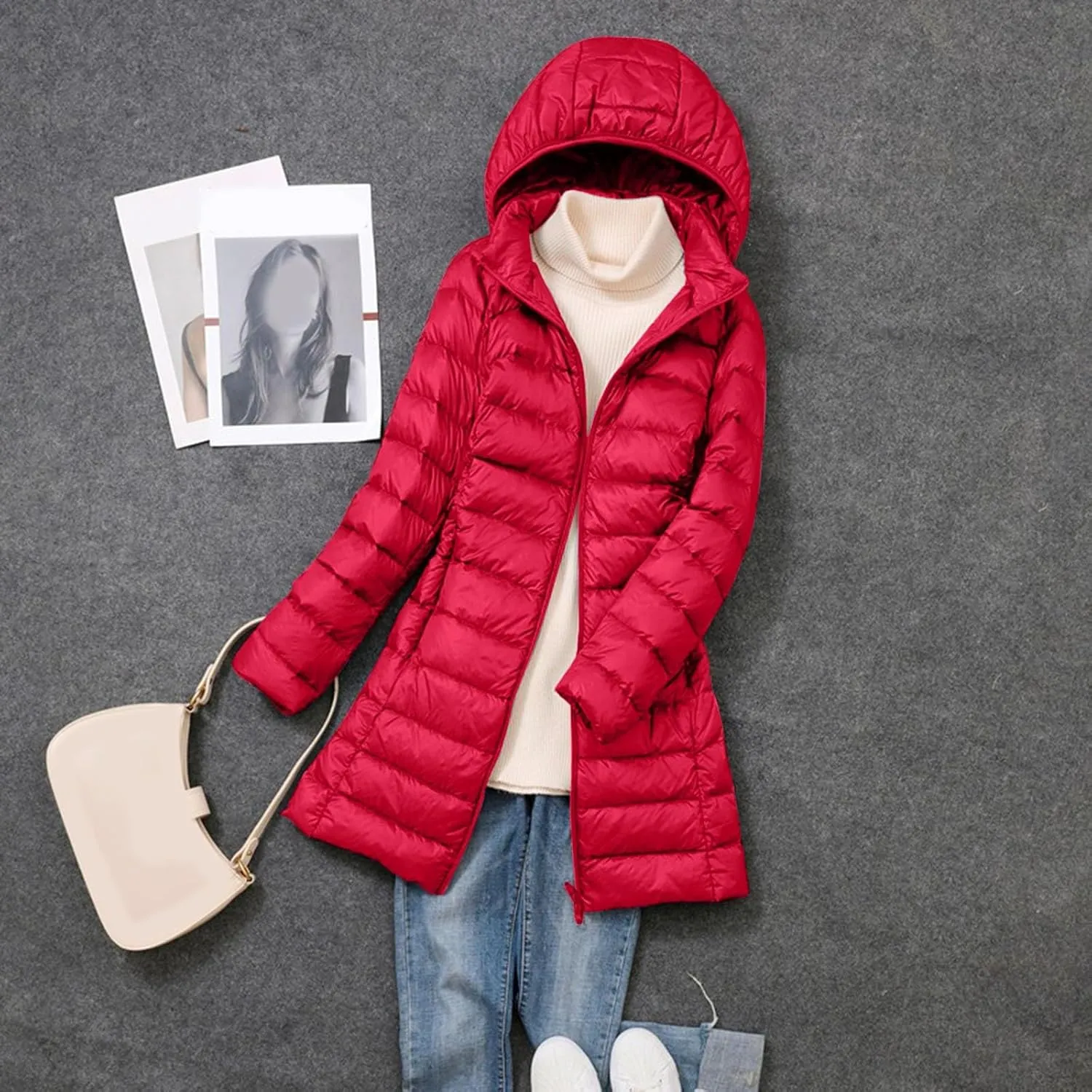 Women's Ultralight Down Jacket Long Packable Hooded Puffer Coat Warm Full-Zip Puffer Jacket for Outdoor