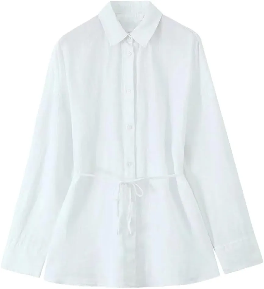 Women's Versatile Collar Long Sleeved Shirt with Waistband Decoration and Waist Cinching Top