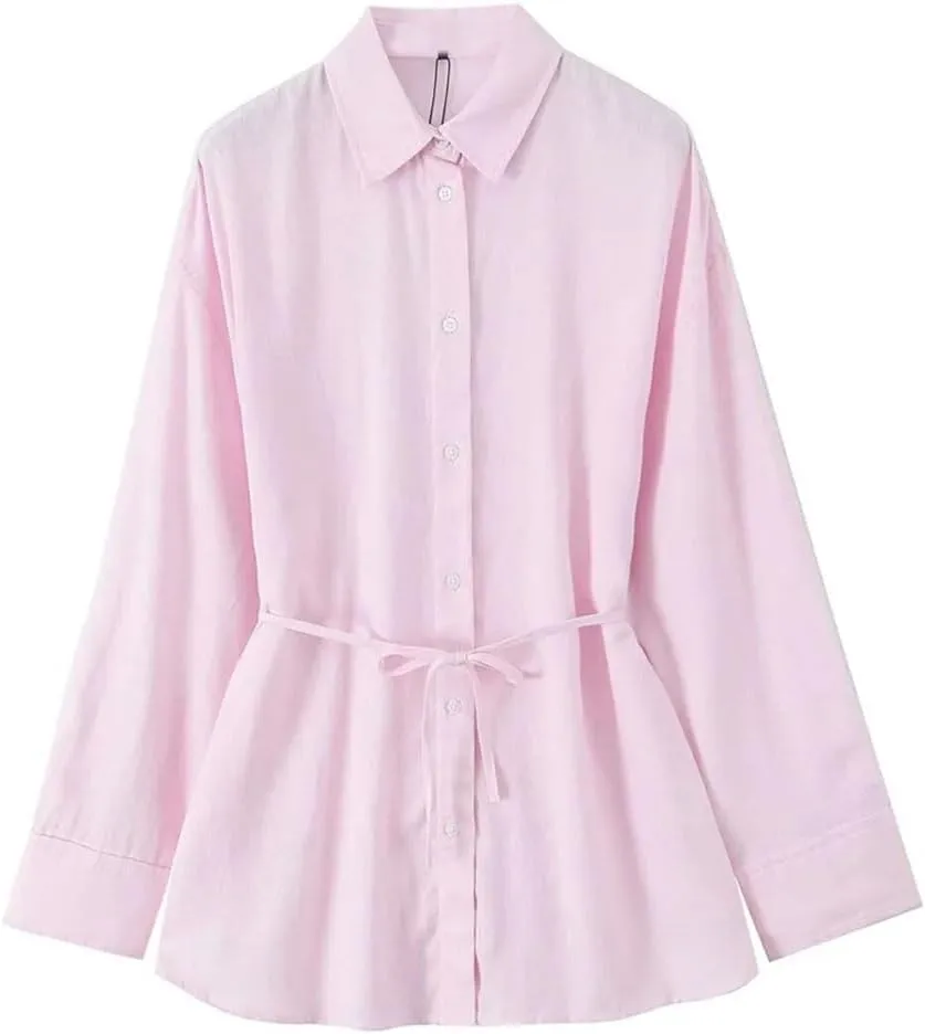 Women's Versatile Collar Long Sleeved Shirt with Waistband Decoration and Waist Cinching Top
