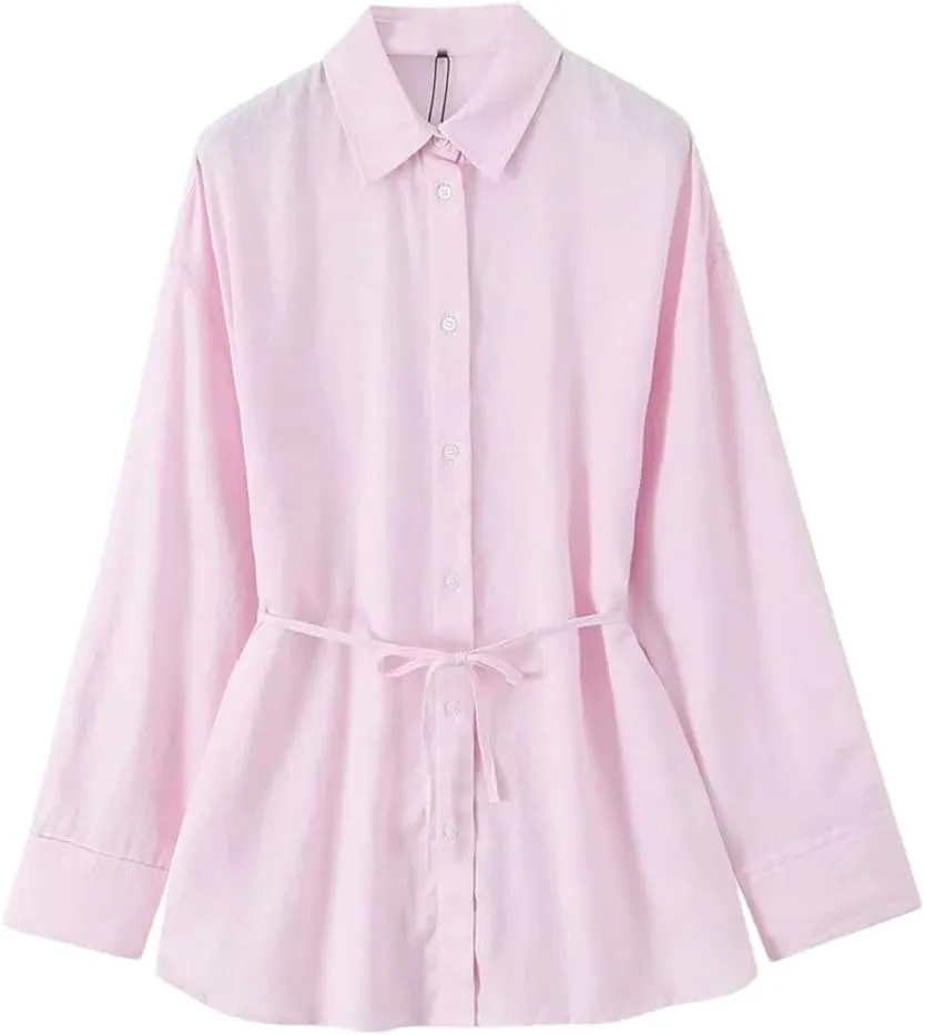 Women's Versatile Collar Long Sleeved Shirt with Waistband Decoration and Waist Cinching Top