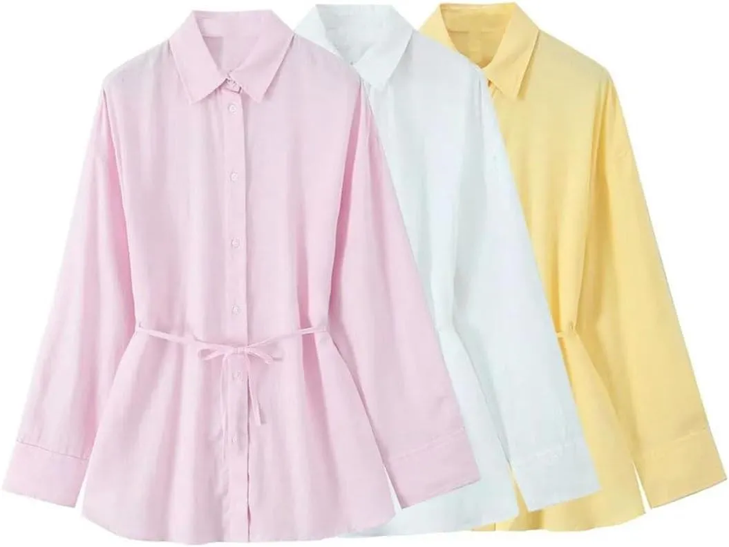 Women's Versatile Collar Long Sleeved Shirt with Waistband Decoration and Waist Cinching Top