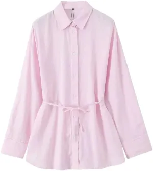 Women's Versatile Collar Long Sleeved Shirt with Waistband Decoration and Waist Cinching Top