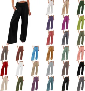 Womens Wide Leg Pants Linen Palazzo Pants Summer Boho Lounge Pant 2025 High Waist Beach Pants with Pocket