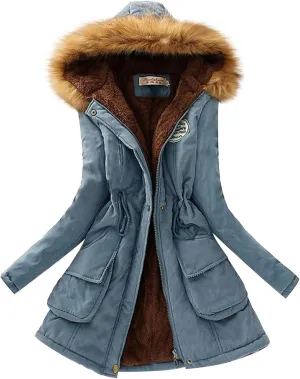 Womens Winter Fashion Warm Slim Fleece Lined Hooded Jackets Thickened Trendy Coats with Faux Fur Hood